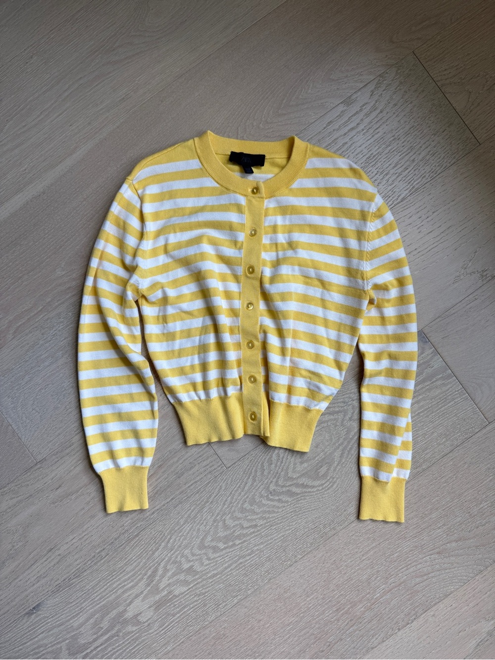 Zara Yellow White Striped Knit Button Cardigan Sweater Crew Neck Long Sleeve S